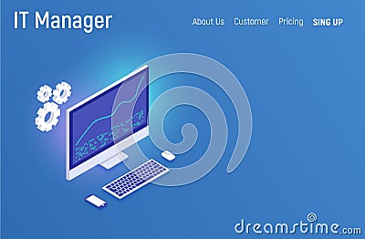 IT manager business concept. Modern isometric design website infographics illustration hero image web banner printed material. Vec Cartoon Illustration