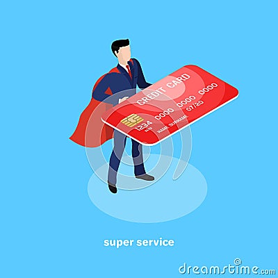 Manager in a business suit and in a cloak of a super hero with a credit card in his hands Vector Illustration