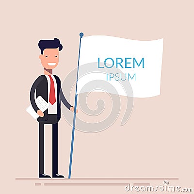 Manager or businessman holding a white flag in his hand. Flat character isolated on background. Lorem ipsum. Vector Vector Illustration