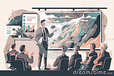 A manager businessman leading the presentation during the meeting in office vector illustration. Generative AI Cartoon Illustration