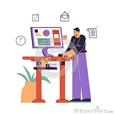 Manager or businessman looking at computer, writing notes, doing tasks, analyzes chart, vector efficiency multitasking Vector Illustration