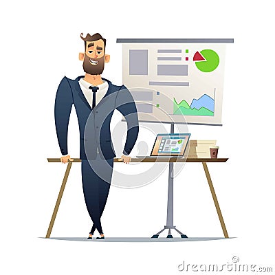 Manager or businessman stand near table. Top Manager ready for presentation. The concept of the financial report Vector Illustration