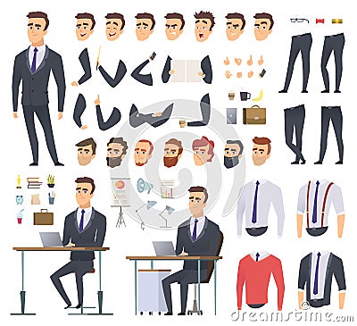 Manager creation kit. Businessman office person arms hands clothes and items vector male character animation project Vector Illustration