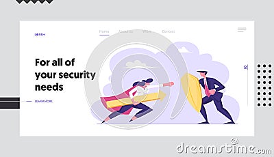 Manager Employee Characters Fighting Website Landing Page. Businesswoman in Super Hero Cloak Holding Arrow Attack Vector Illustration