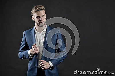 Manager in formal outfit. Man in blue suit jacket and shirt. Businessman with beard and stylish hair. Fashion, style and dress cod Stock Photo