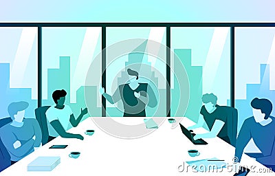 Manager Leads Meeting Discussion in Office Team with City building as Background Illustration Vector Illustration