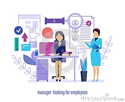 Manager looking for employees. Staff recruitment, resume search, online interviews. Vector Illustration