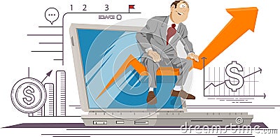 Manager man sitting on arrow out from a laptop screen. Career growth to success. Business analysis. Making profit. Vector Illustration