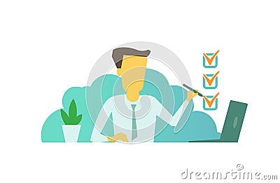 Manager marks checkbox ticked cases sitting at the table. successfully completed tasks Labor everyday life Vector Illustration