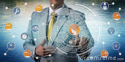 Manager Monitoring Smart Water Grid Via AI And IoT Stock Photo