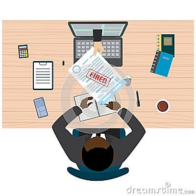 Manager or office clerk sitting at workplace. Hand gives document about dismissal. Paper with stamp- fired. Discrimination, Vector Illustration