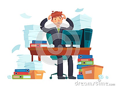 Manager overworked. Office overwork, unorganized paperwork and business work document sheets piles cartoon illustration Vector Illustration