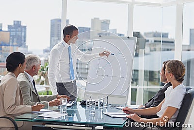 Manager pointing at the peak of a chart during a meeting Stock Photo