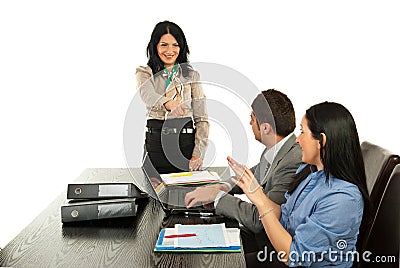 Manager pointing to business woman Stock Photo