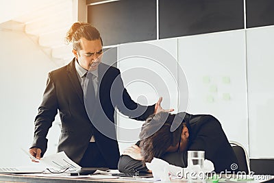 Manager shouting to employee while mistake working. Stock Photo