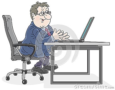 Successful businessman with a laptop at his desk Vector Illustration