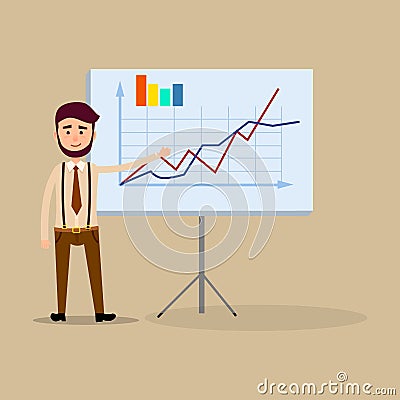 Manager Standing Near Placard with Charts Flat Vector Illustration