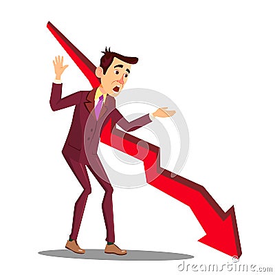 Manager In Stress Next To Arrow Of Falling Sales Graph Vector. Isolated Illustration Vector Illustration