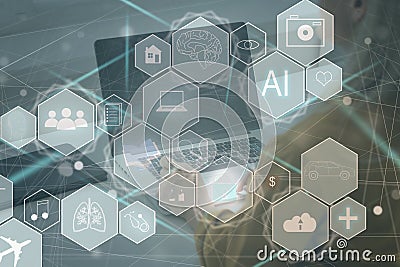 Manager Technical Industrial Engineer working and control robotics with monitoring system software and icon industry Stock Photo
