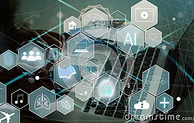 Manager Technical Industrial Engineer working and control robotics with monitoring system software and icon industry Stock Photo