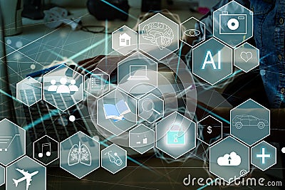 Manager Technical Industrial Engineer working and control robotics with monitoring system software and icon industry Stock Photo