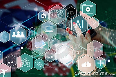 Manager Technical Industrial Engineer working and control robotics with monitoring system software and icon industry Stock Photo