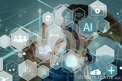 Manager Technical Industrial Engineer working and control robotics with monitoring system software and icon industry Stock Photo