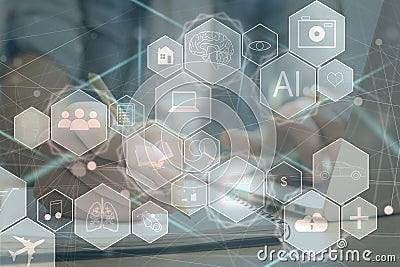 Manager Technical Industrial Engineer working and control robotics with monitoring system software and icon industry Stock Photo