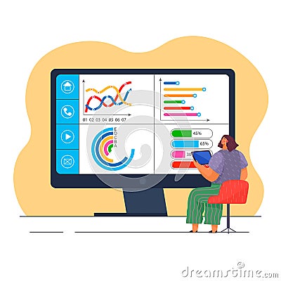 Manager testing and analyzing graph reports, business targets, company success at rate scale chart Vector Illustration