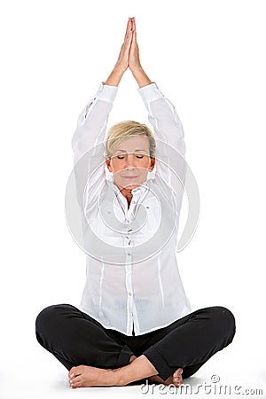 Manager woman doing yoga at white background Stock Photo