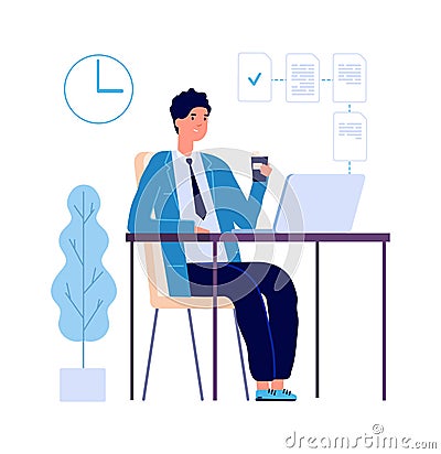 Manager at work. Multitask businessman planning office strategy. Secretary or assistant lunch time at workplace vector Vector Illustration