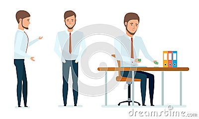 Manager works with documents, serves, advises clients, conducts money operations. Vector Illustration