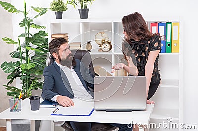 Managerial skills at work. Corporate strategy. Legal adviser. Office secretary. Business couple working. Couple in Stock Photo