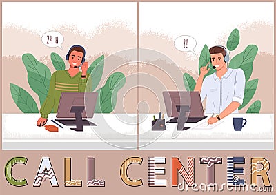 Managers in call center hotline. Online customer support worker, telephone service operator Vector Illustration