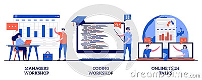 Managers, coding workshop, online tech talks concept with tiny people. Employee skills training abstract vector illustration set. Cartoon Illustration
