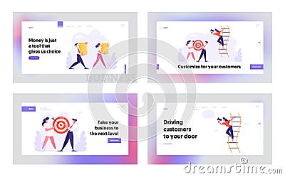 Managers Office People Lifestyle, Website Landing Page Set, Business People Shoot Target, Carry Money Stacks Vector Illustration