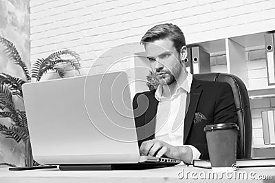 Managing employee. Sales manager work on computer. Office manager at office desk. Project manager use new technology for Stock Photo