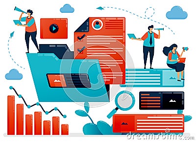 Managing the work folder to streamline company performance. Organize documents and data in folders for increase business growth. Vector Illustration