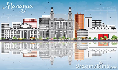 Managua Skyline with Gray Buildings, Blue Sky and Reflections. Stock Photo