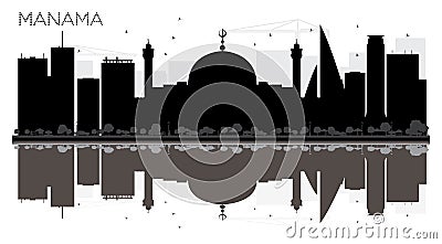 Manama City skyline black and white silhouette with reflections. Cartoon Illustration