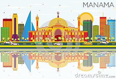 Manama Skyline with Color Buildings, Blue Sky and Reflections. Stock Photo