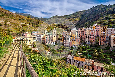 Manarola, Colorful cityscape on the mountains over Mediterranean sea in Cinque Terre Italy Stock Photo