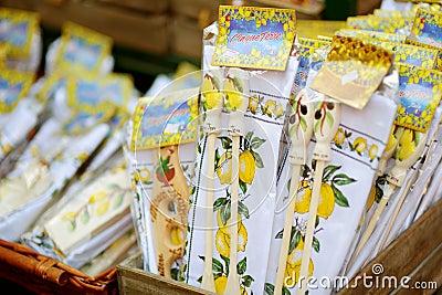 MANAROLA, ITALY - NOVEMBER 18, 2018: Various food, goods and typical souvenirs sold at small shops at the pedestrian area of Editorial Stock Photo