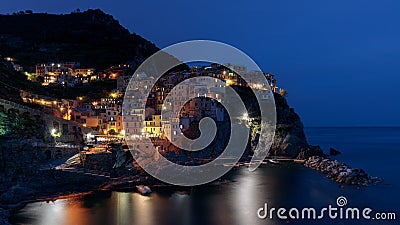 Night-time view of Manarola Liguria Italy on April 20, 2019 Editorial Stock Photo