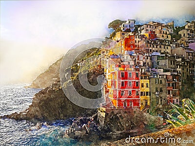 Manarola, photo illustration of the romantic resort town on the italian Cinque Terre Cartoon Illustration