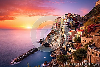 Manarola at sunset, Cinque Terre, Italy, AI Generated Stock Photo