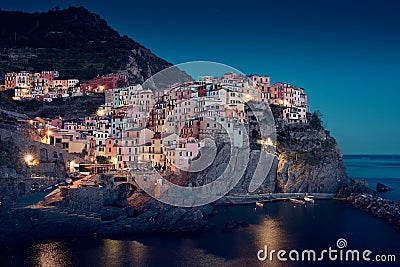 Manarola town at night, Cinque Terre region of Italy Stock Photo