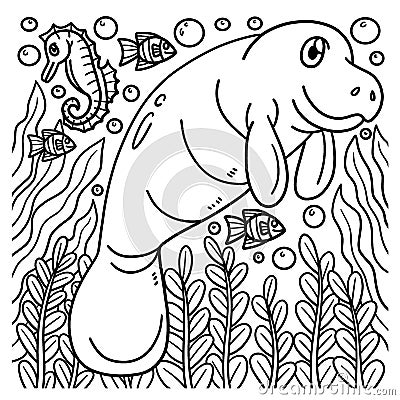 Manatee Coloring Page for Kids Vector Illustration