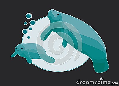 Manatee mother and baby with bubbles Vector Illustration