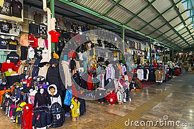 10.11.2022 Manavgat, Turkey - Bazaar. Great variety of goods - clothes or food-related items. Section of Turkish bazaar Editorial Stock Photo